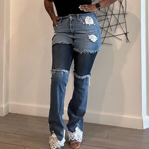 Custom Women's Blue Distressed Jeans with Lace n Pearl Accents